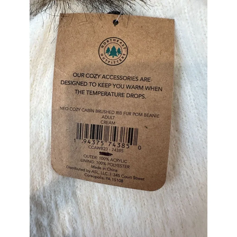 NWT Northeast Outfitters Neo Cozy Cabin Brushed Rib Fur Pom Beanie Cream